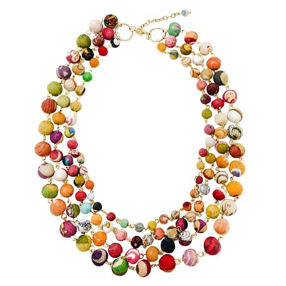 Hand Crafted Jewelry - Fair Trade NWT Linked Beads 4 Strands Necklace Handmade Upcycled Kantha Fabric